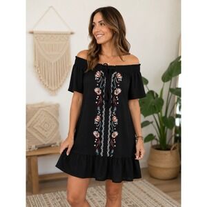Love Fire XS Black Off Shoulder Embroidered Boho Mini Dress Floral Ruffle Hem